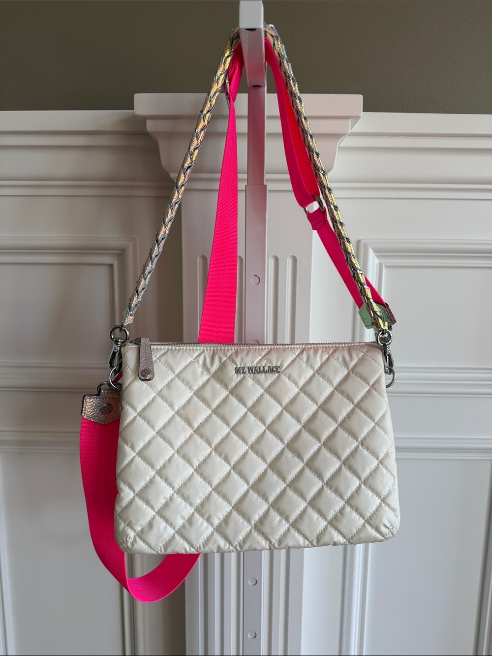 MZ Wallace White Quilted Crossbody with Neon Pink Strap and Metallic Chain